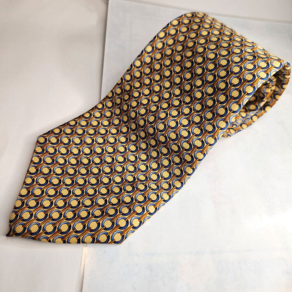 Brooks Brothers 346 Yellow Silk Tie w Gold & Blue Foulard 3.5" x 61.5"